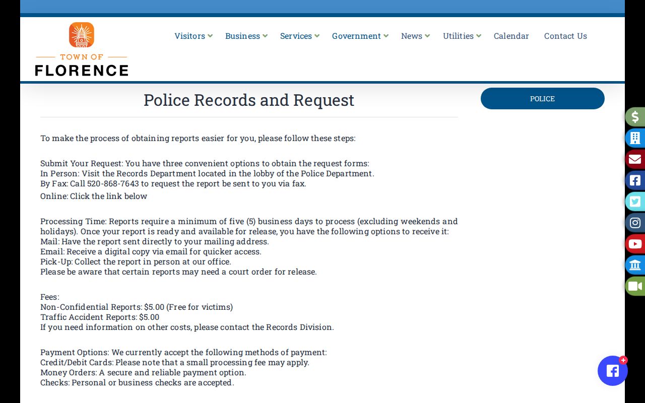 Florence Police Department arrest record and booking photo request procedures in Pinal County