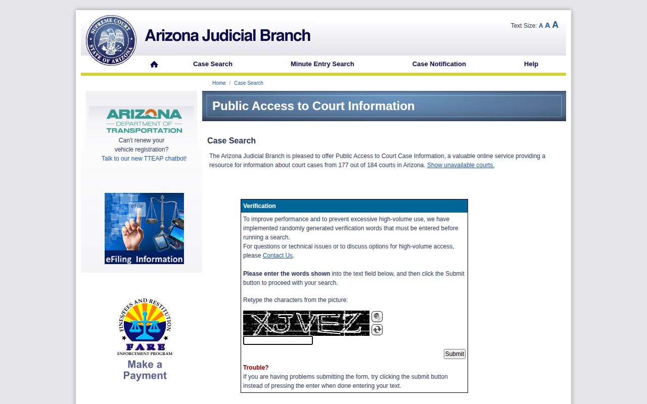Arizona court public access used for Pinal County warrant case checks
