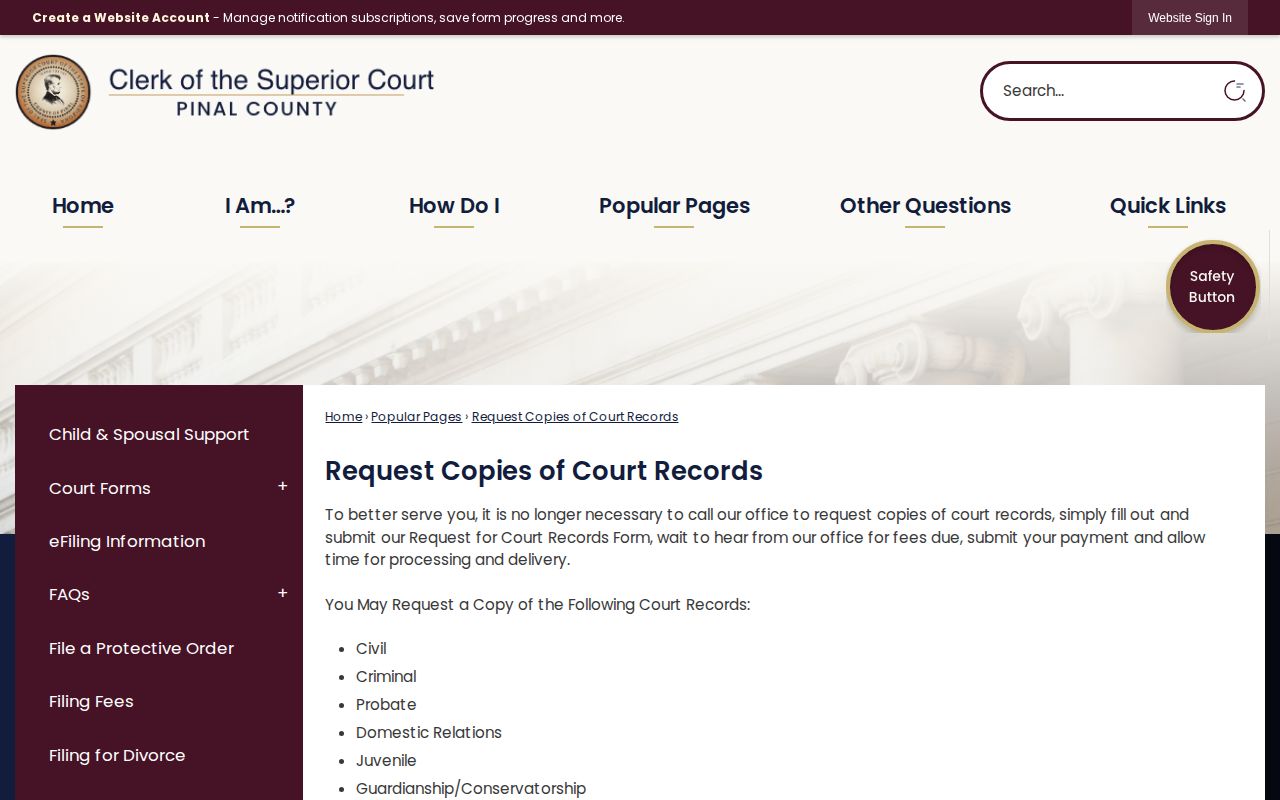 Pinal County Superior Court Clerk warrant case record-copy instructions